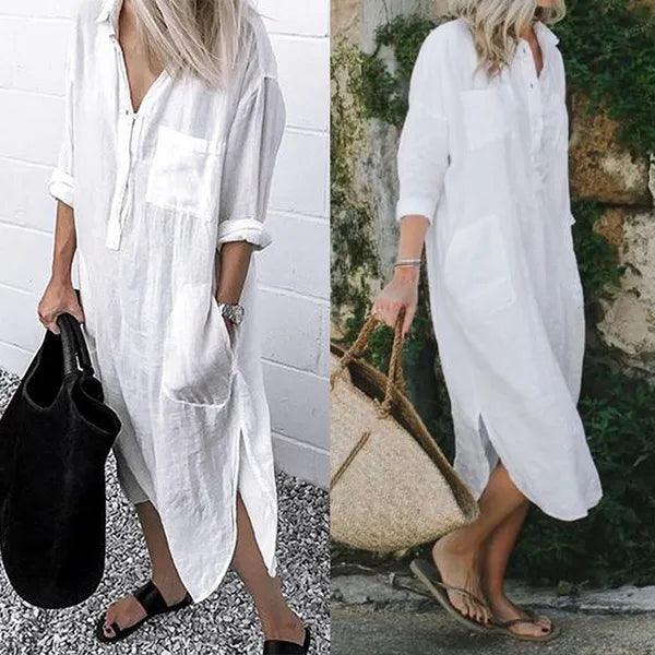 TILLFÄLLIGT 50% RABATT | Anita™ - Elegant skjortklänning med slits och enfärgad - Aurora Stockholm